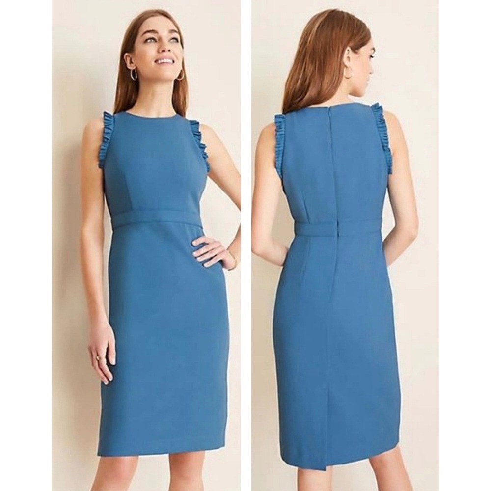 Ann Taylor Blue Ruffle Trim Sheath Dress Size 10